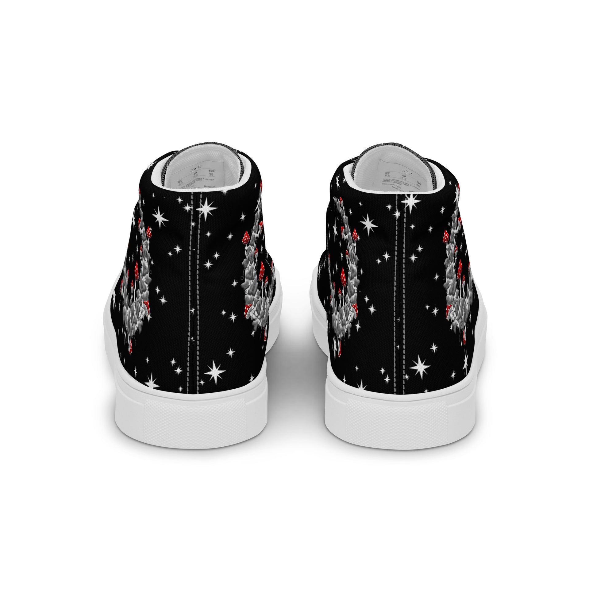 Stormseye Design mushroom moon witchy high top shoes, white sole, back view