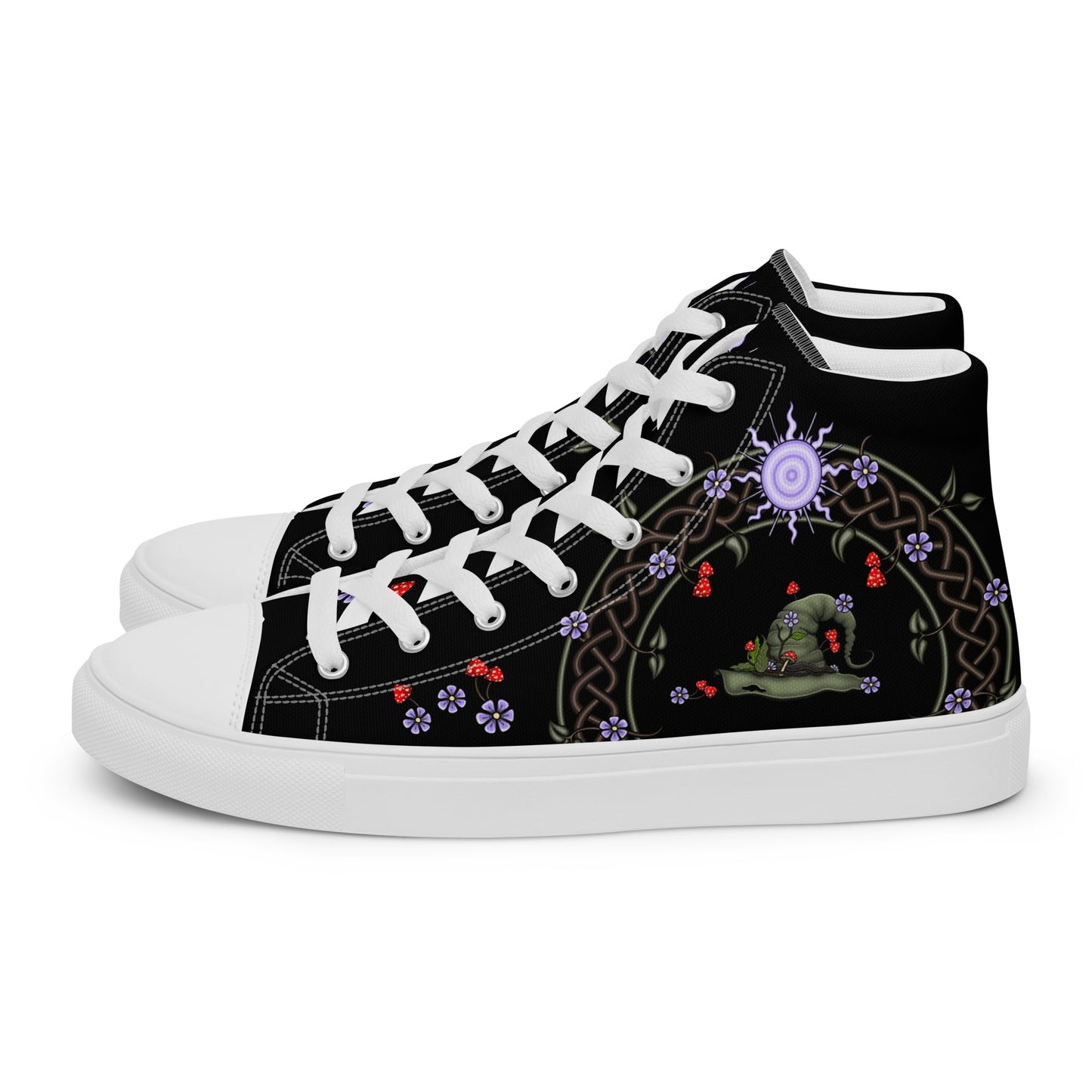 Stormseye Design hedge witch high top shoes, white sole, side view