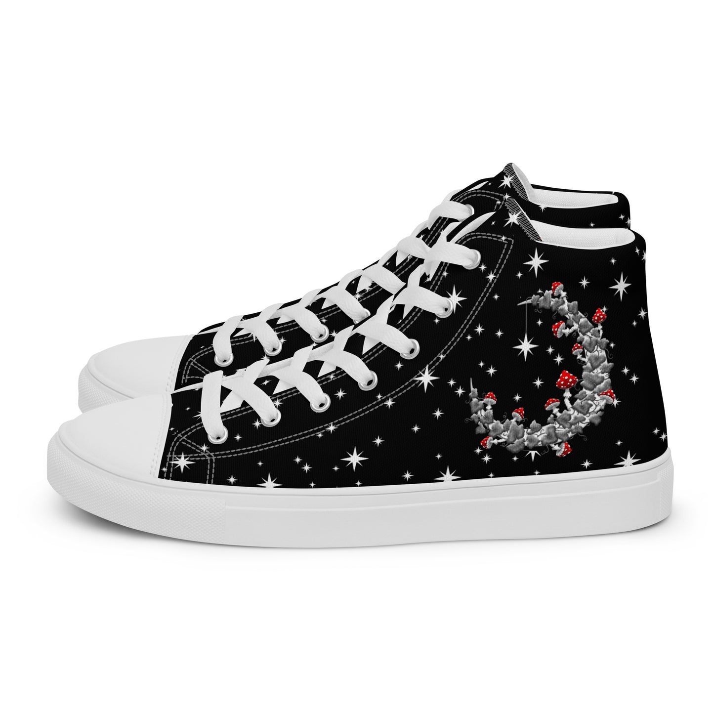 Stormseye Design mushroom moon witchy high top shoes, white sole, side view