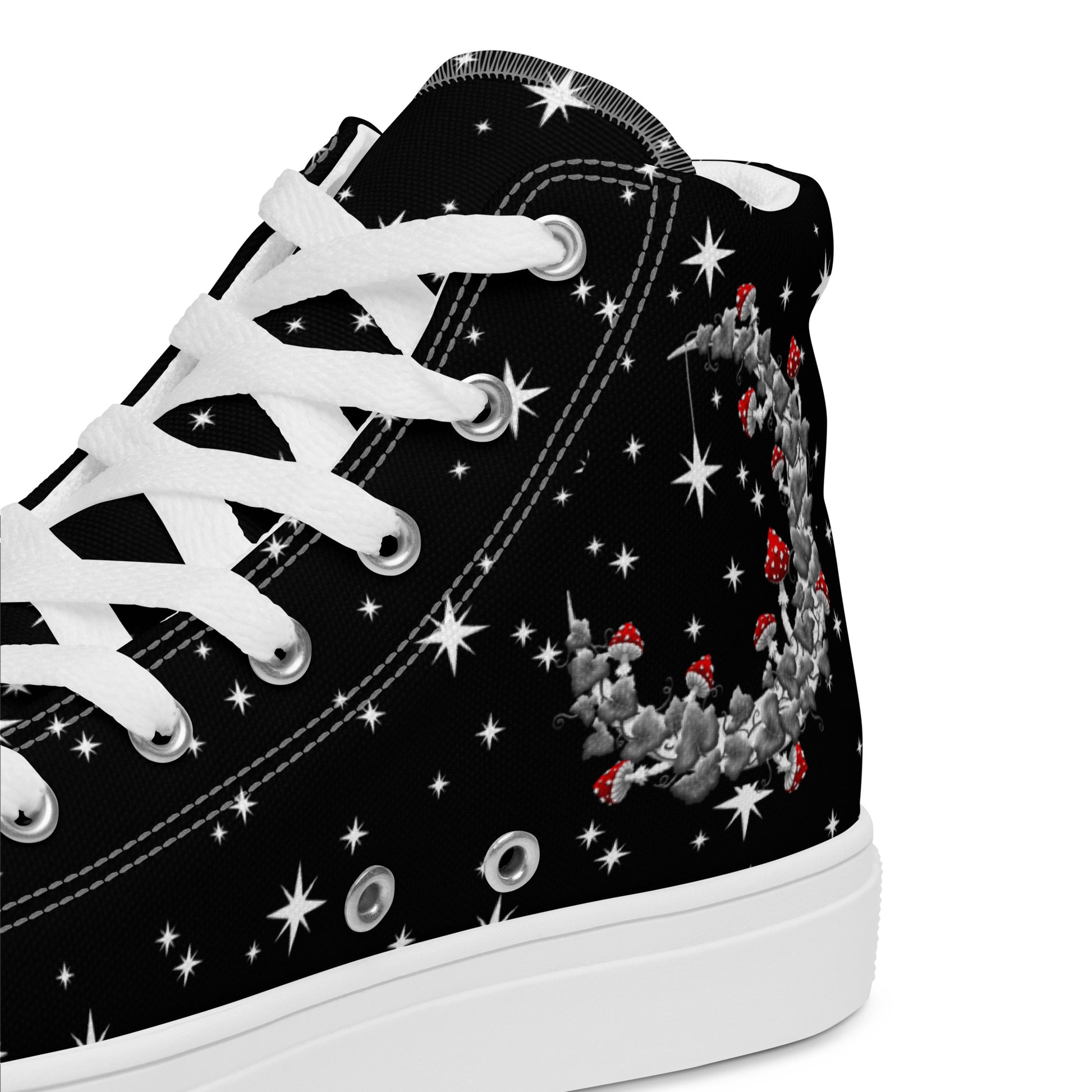 Stormseye Design mushroom moon witchy high top shoes, white sole, detail view