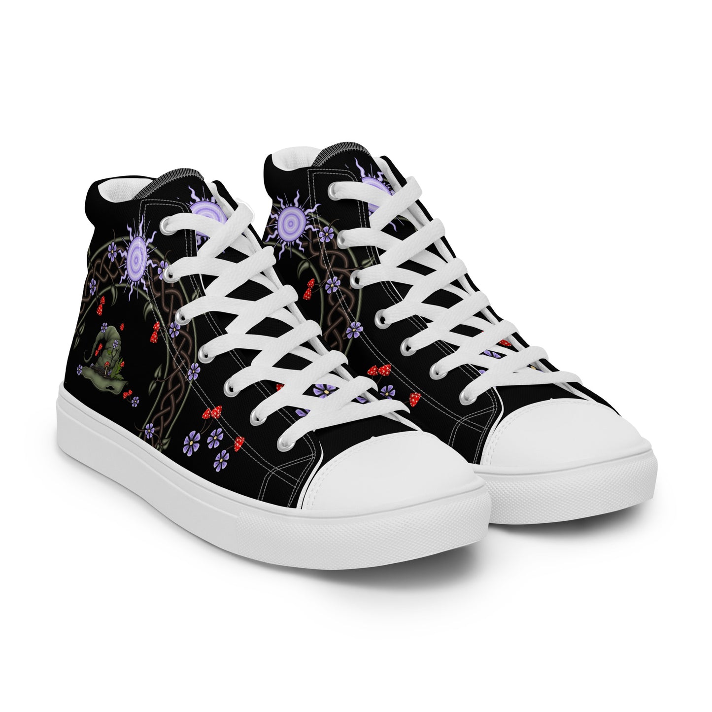 Stormseye Design hedge witch high top shoes, white sole, front view