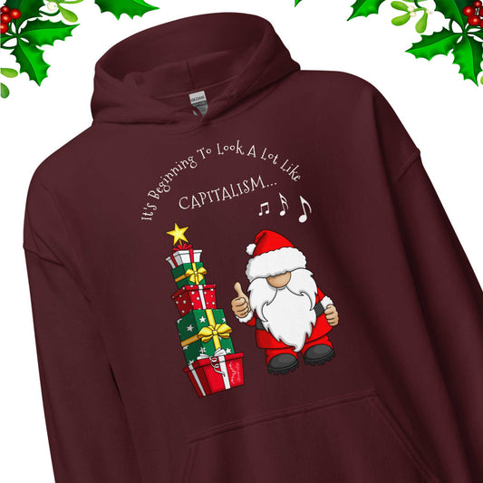 stormseye design festive capitalism christmas hoodie detail view maroon red