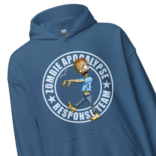 stormseye design zombie apocalypse colour hoodie, detail view indigo blue