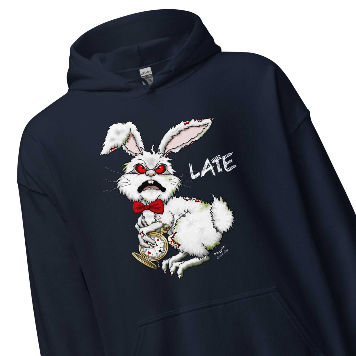 stormseye design zombie white rabbit hoodie detail view navy blue