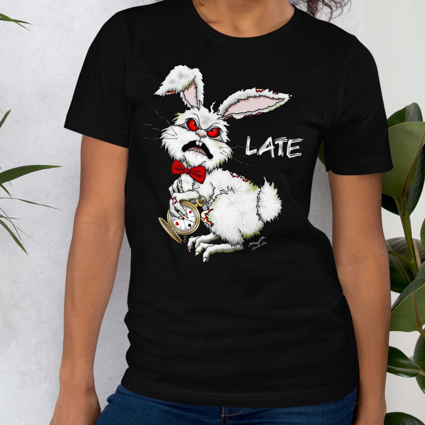 Stormseye Design zombie bunny t shirt, modelled view black