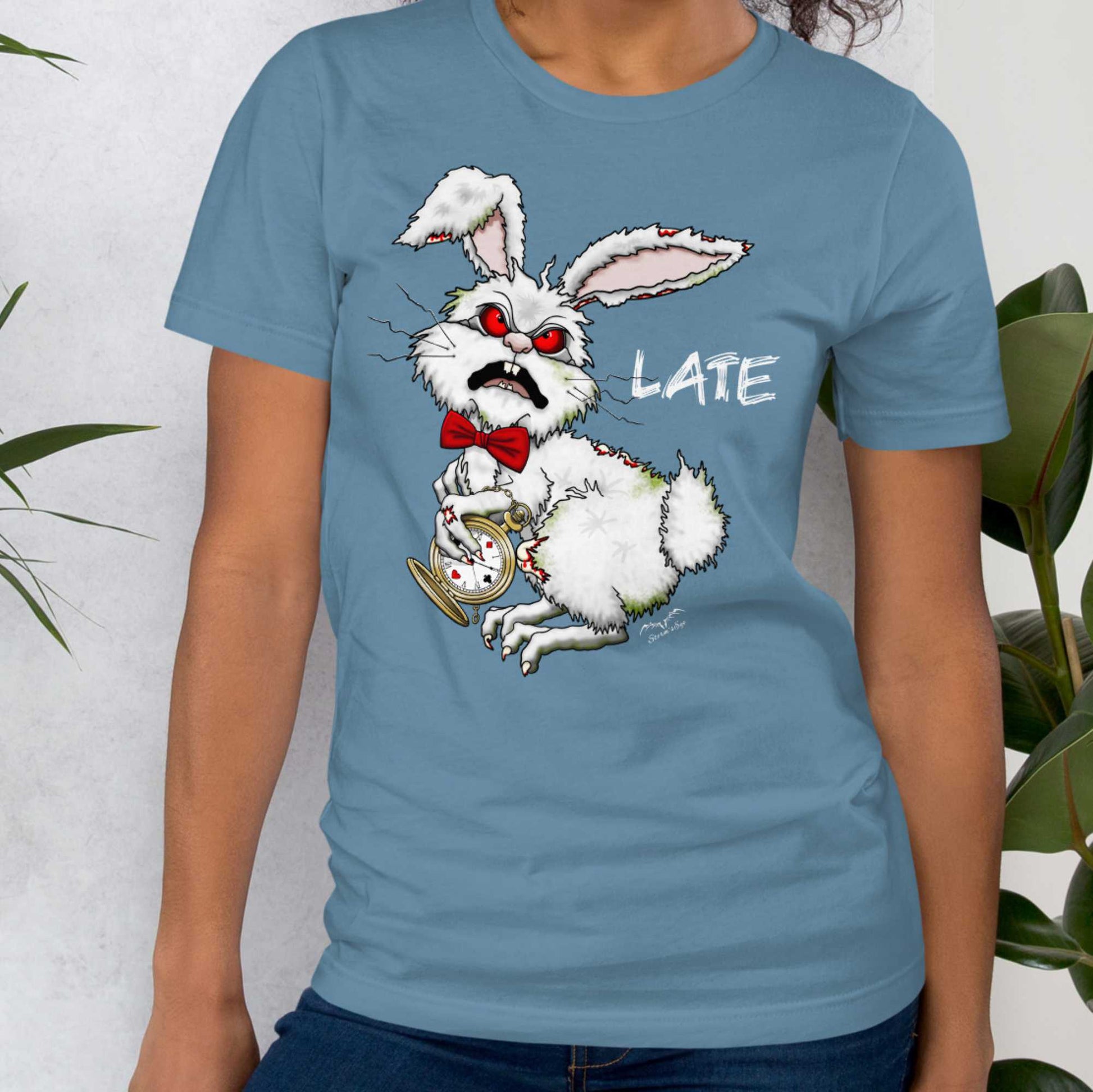 Stormseye Design zombie bunny t shirt, modelled view blue