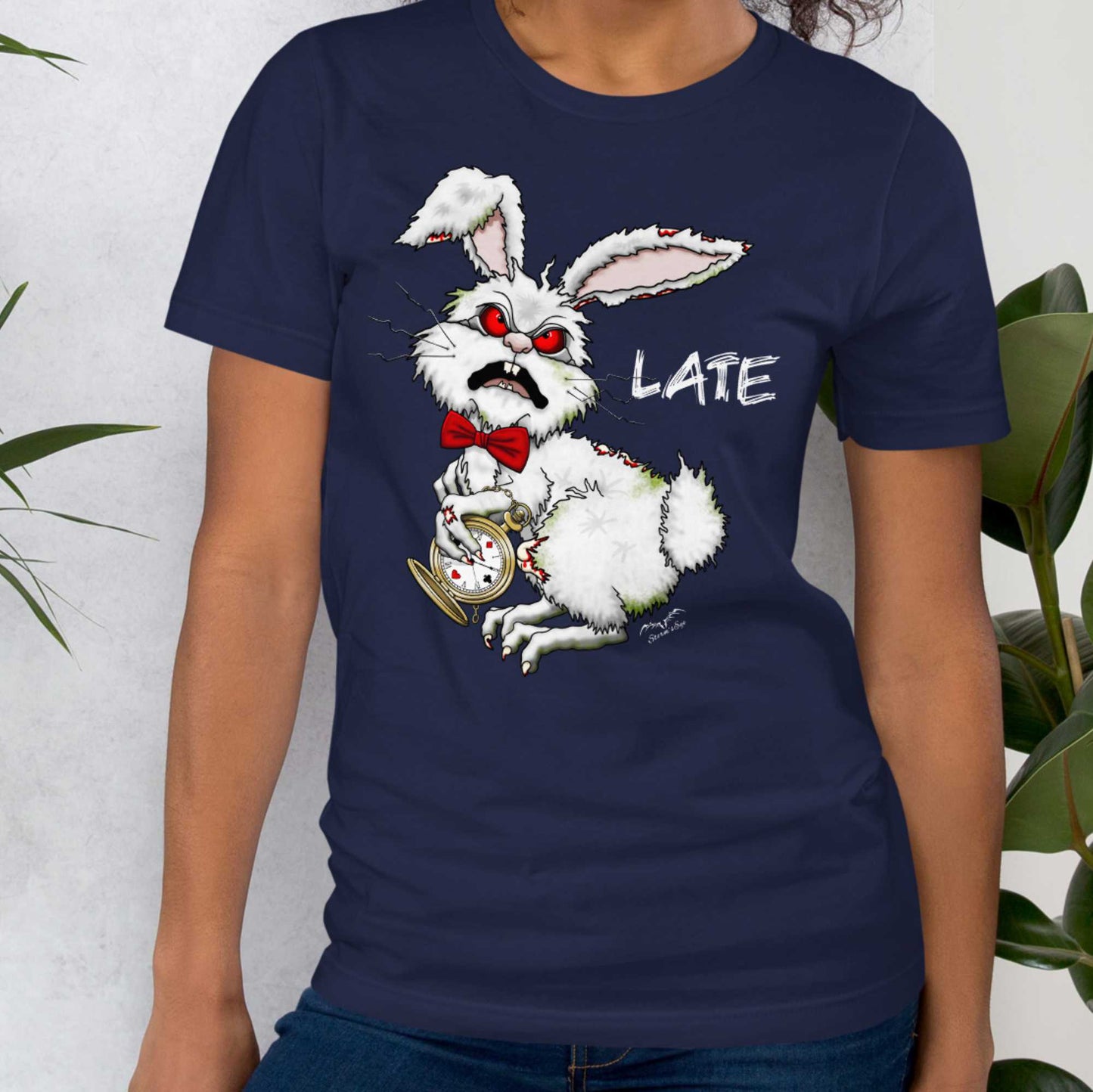 Stormseye Design zombie bunny t shirt, modelled view navy