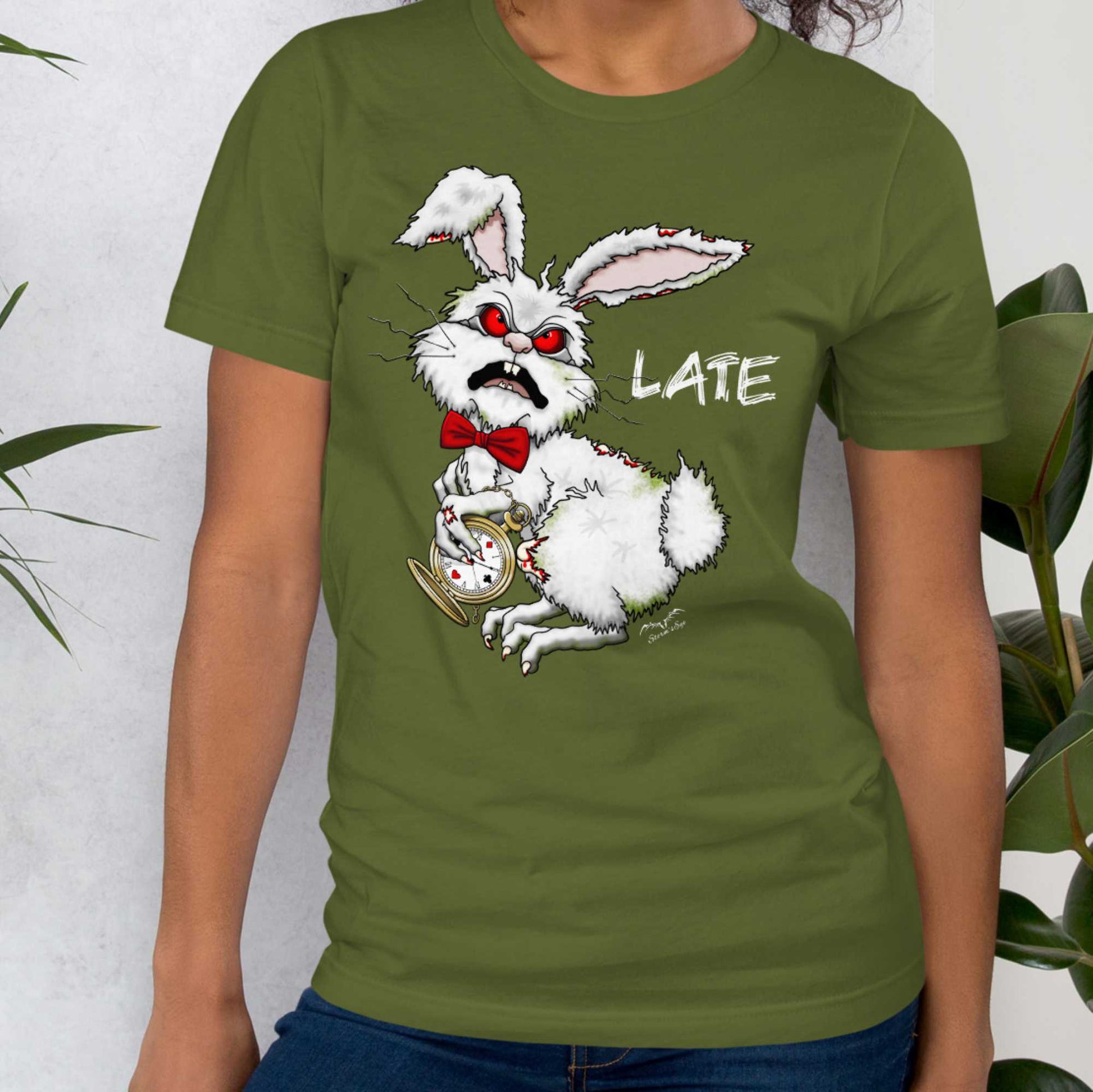 Stormseye Design zombie bunny t shirt, modelled view olive green
