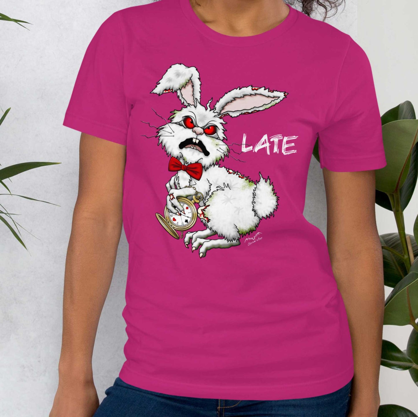 Stormseye Design zombie bunny t shirt, modelled view pink