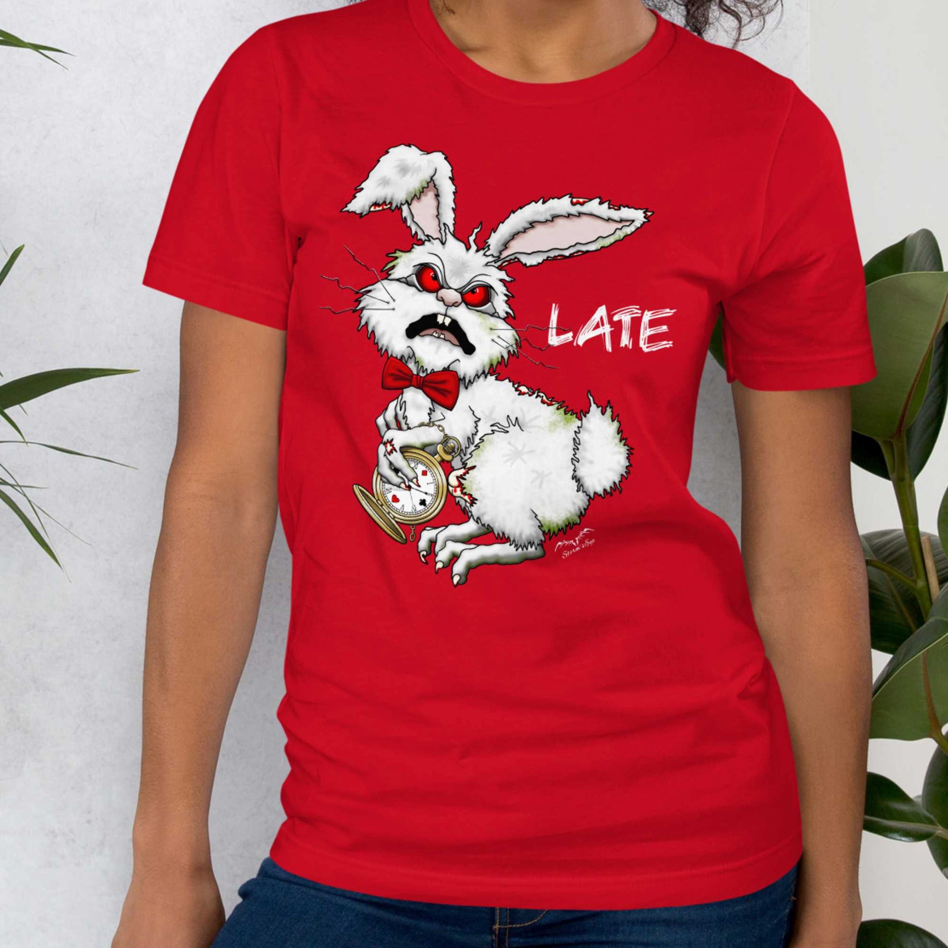 Stormseye Design zombie bunny t shirt, modelled view bright red