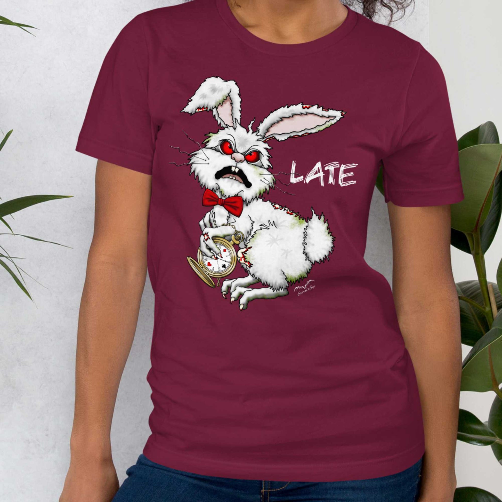 Stormseye Design zombie bunny t shirt, modelled view wine red