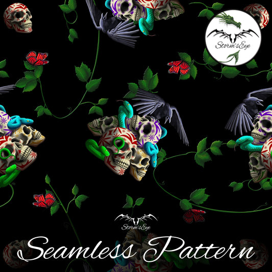 Sugar skulls and snakes gothic seamless repeat pattern instant download by Stormseye Design