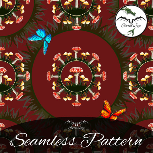 mushrooms and butterflies cottagecore style seamless repeat pattern instant download by Stormseye Design