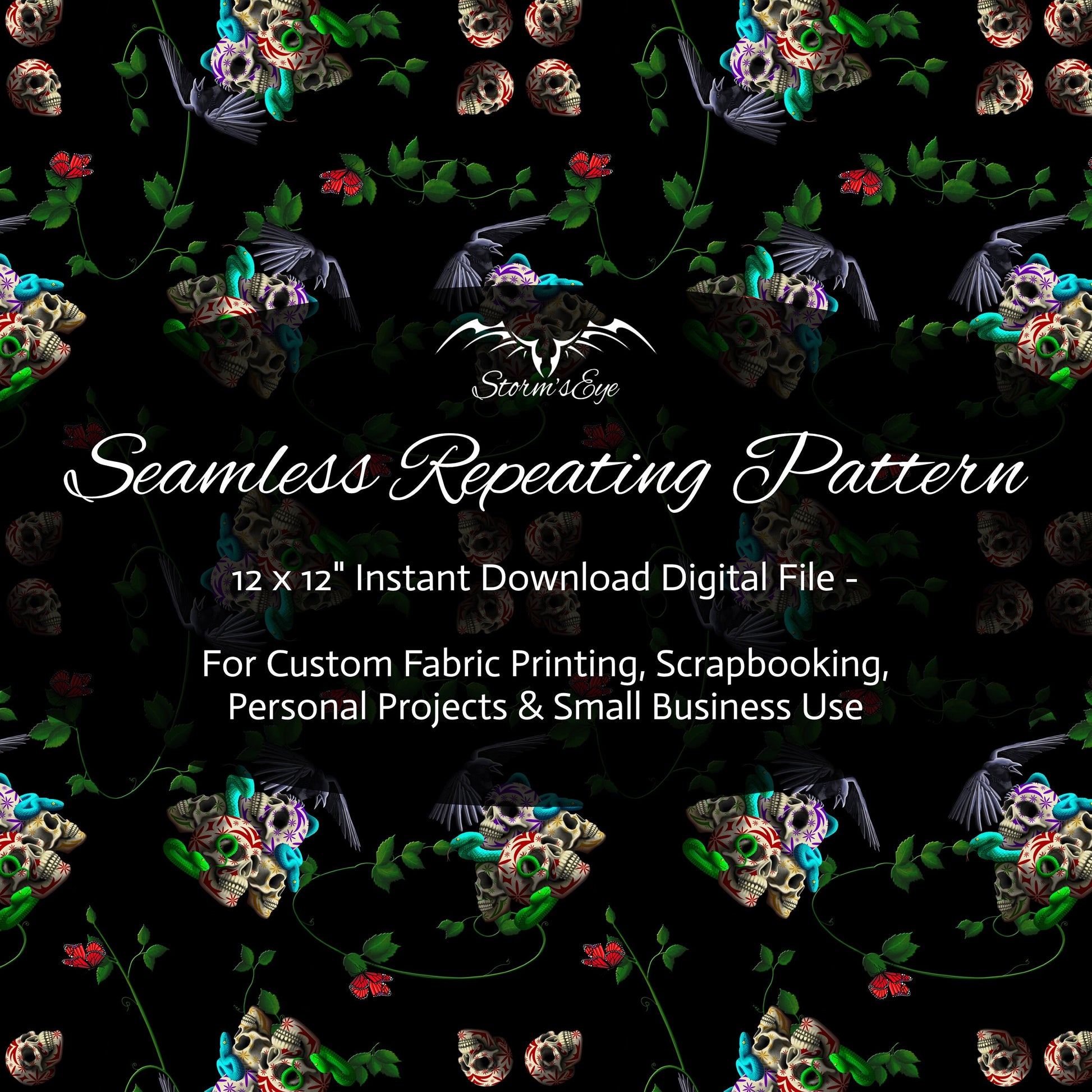 Sugar skulls and snakes gothic seamless repeat pattern instant download by Stormseye Design