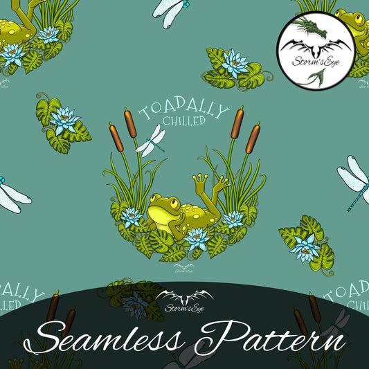 Toadally chilled cute frog cottagecore seamless repeat pattern instant download by Stormseye Design